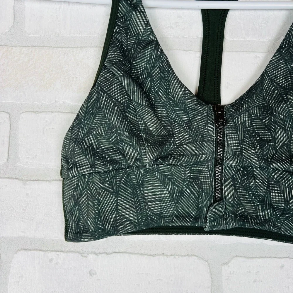 Lululemon Front Zip Racerback Sports Bra Green Geometric Palm Leaf Print Size 4